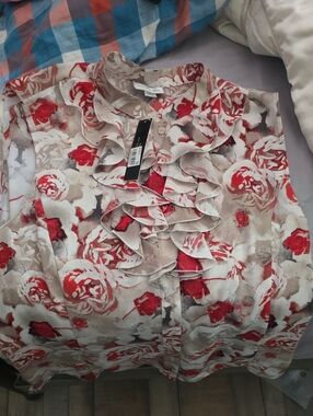 Ruffled Floral Button-Up Blouse - Red & Cream